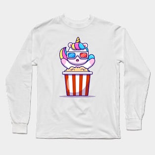 Cute Unicorn Eating Popcorn Long Sleeve T-Shirt